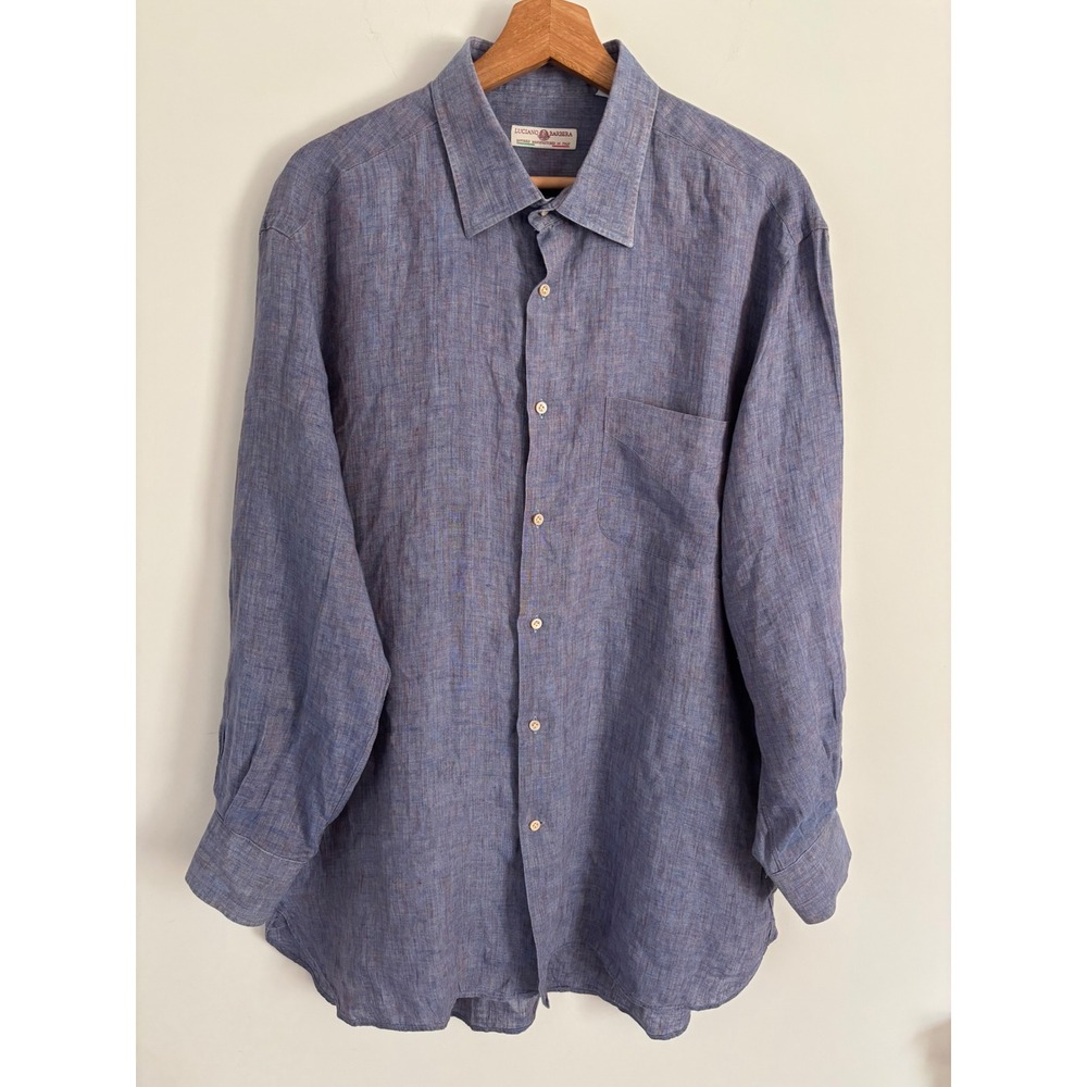 Luciano Barbera Mens XL Blue Brown Linen Blend Button Down Shirt Made In Italy